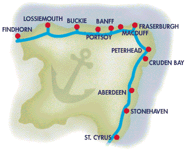 7 night whisky trail Aviemore to Cullen scotland. the coastal map of Banffshire